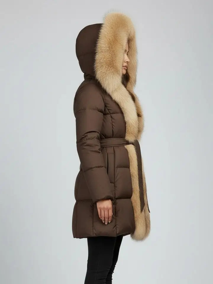 Fur-Trim Belted Down Coat in Brown with Beige Fur - Coats