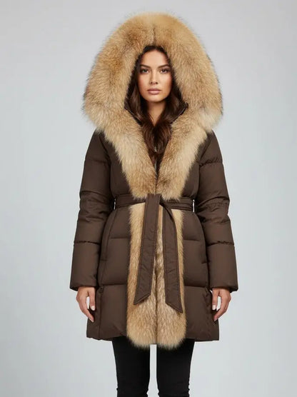 Fur-Trim Belted Down Coat in Brown with Beige Fur - Small - Coats