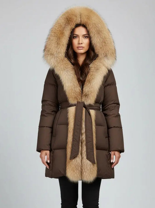 Fur-Trim Belted Down Coat in Brown with Beige Fur - Small - Coats