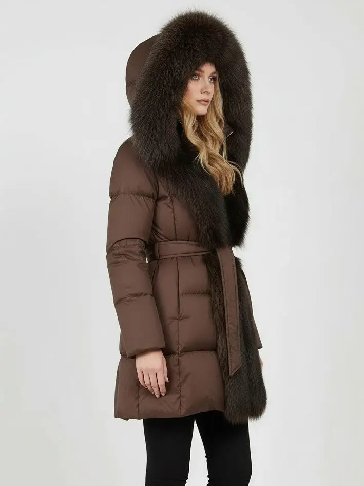 Fur-Trim Belted Down Coat in Brown with Dark Brown Fur - Coats