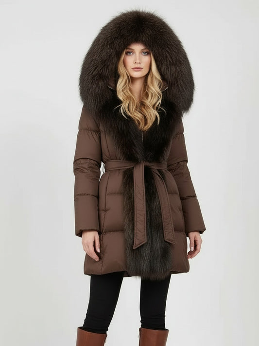 Fur-Trim Belted Down Coat in Brown with Dark Brown Fur
