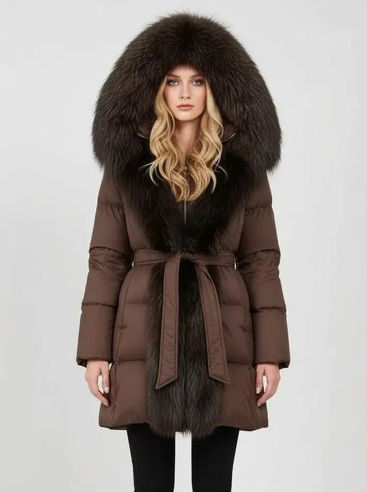 Fur-Trim Belted Down Coat in Brown with Dark Brown Fur - Small - Coats