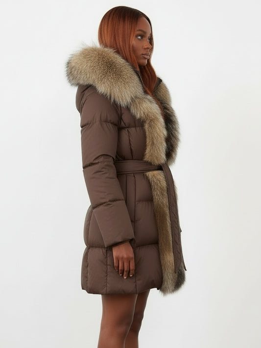 Fur-Trim Belted Down Coat in Brown with Natural and Beige Fur