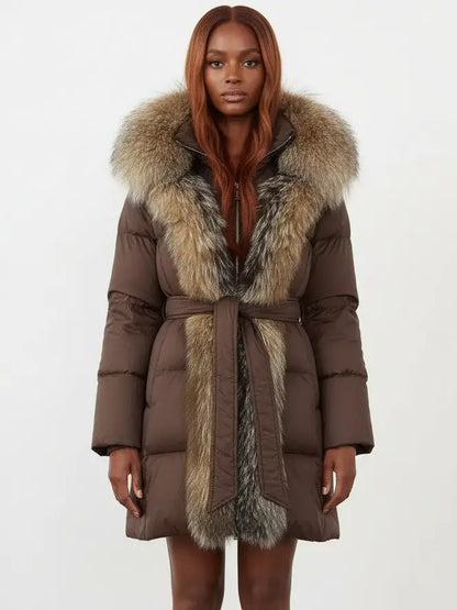 Fur-Trim Belted Down Coat in Brown with Natural and Beige Fur - Small - Coats