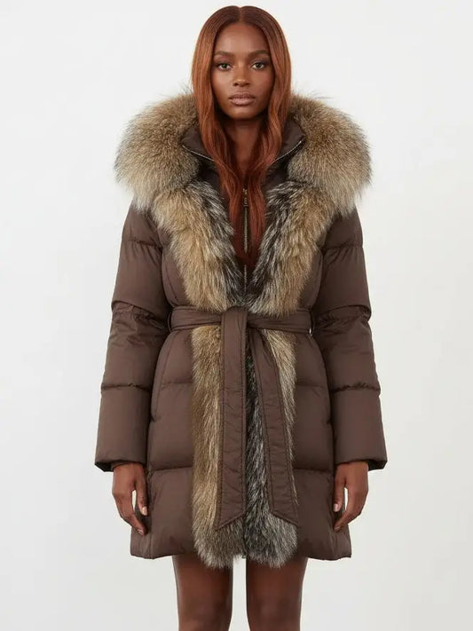 Fur-Trim Belted Down Coat in Brown with Natural and Beige Fur - Small - Coats