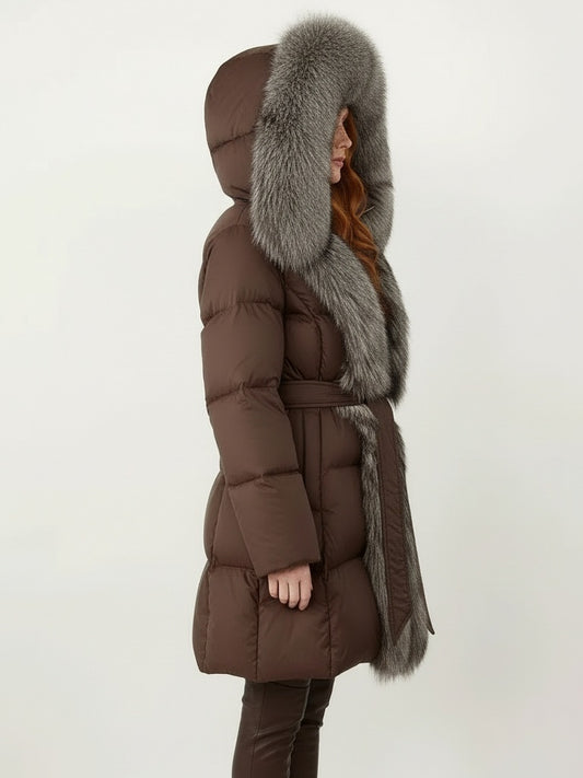 Fur-Trim Belted Down Coat in Brown with Natural and Black Fur