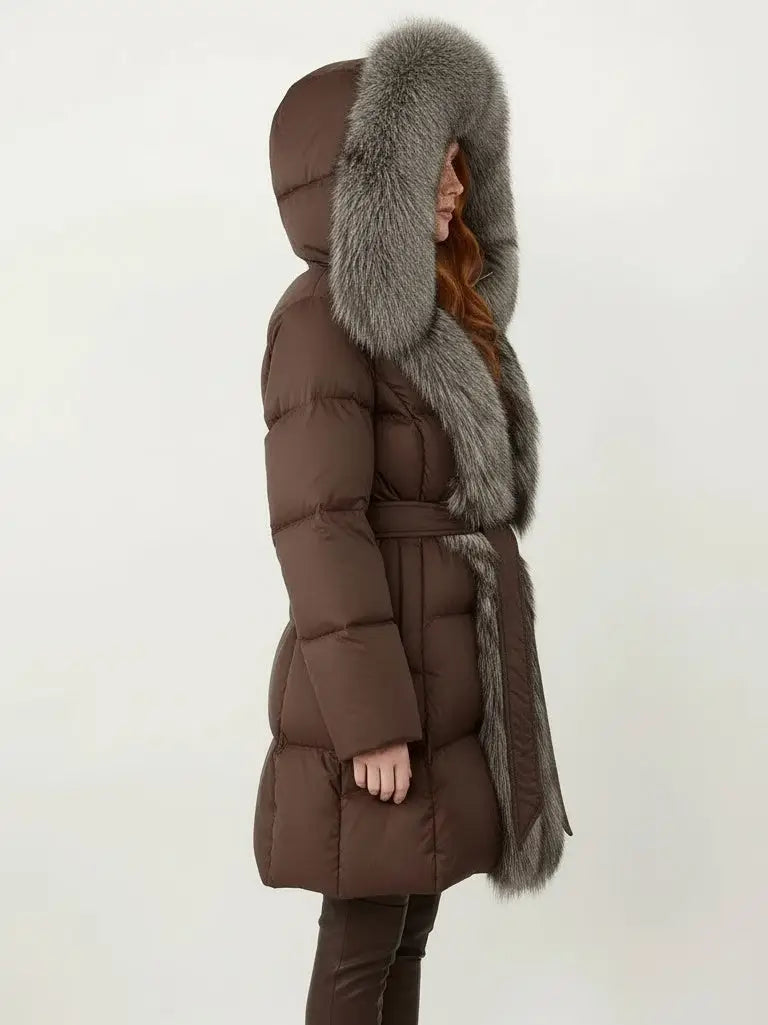 Fur-Trim Belted Down Coat in Brown with Natural and Black Fur - Coats