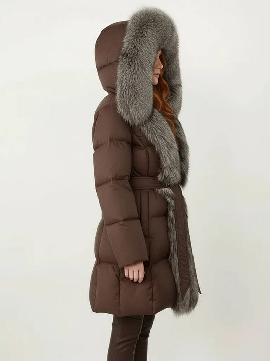 Fur-Trim Belted Down Coat in Brown with Natural and Black Fur - Coats