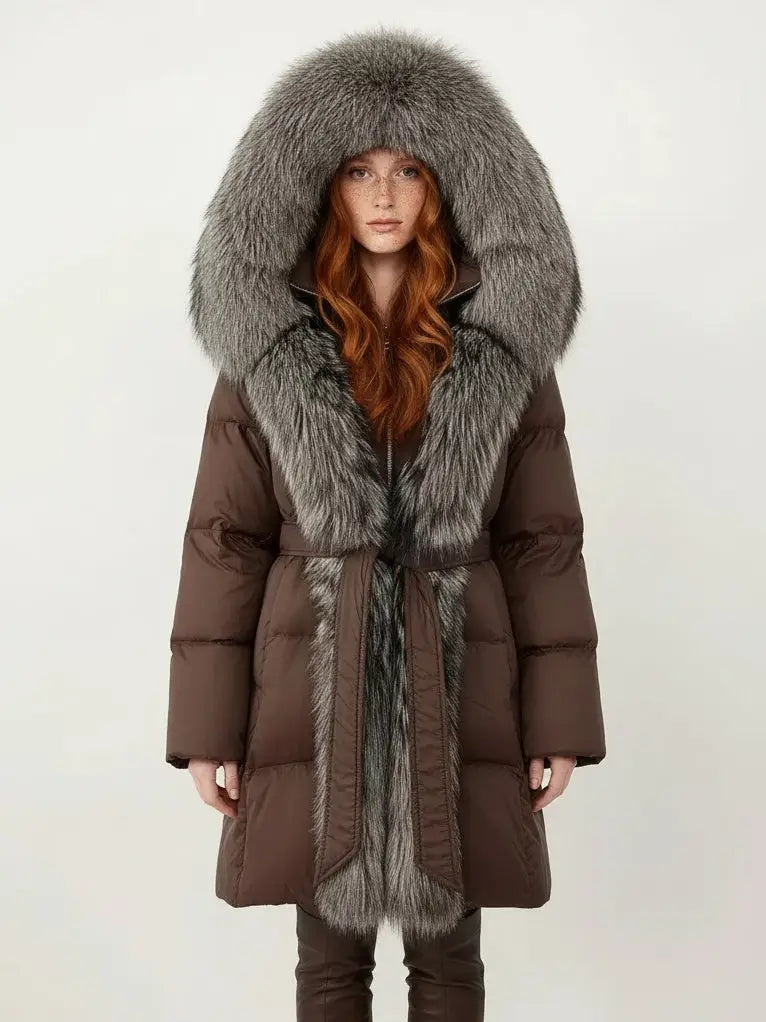 Fur-Trim Belted Down Coat in Brown with Natural and Black Fur - Small - Coats