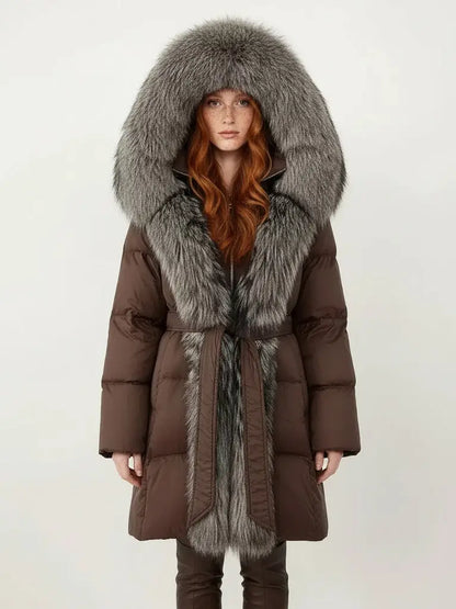 Fur-Trim Belted Down Coat in Brown with Natural and Black Fur - Small - Coats