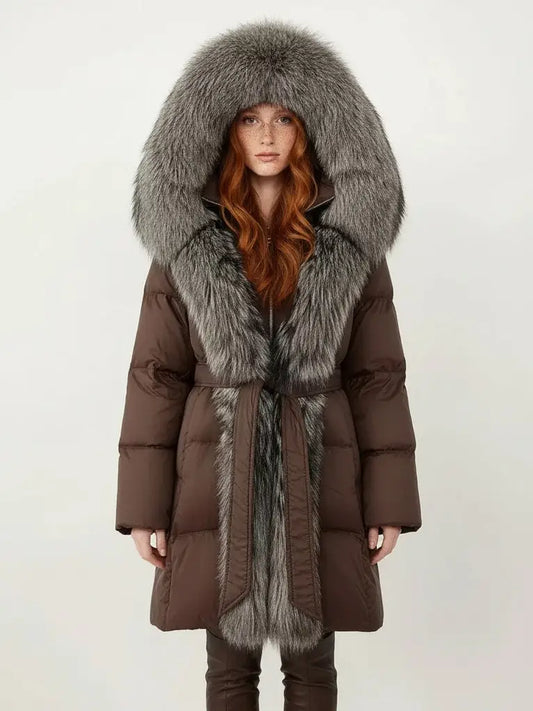 Fur-Trim Belted Down Coat in Brown with Natural and Black Fur - Small - Coats