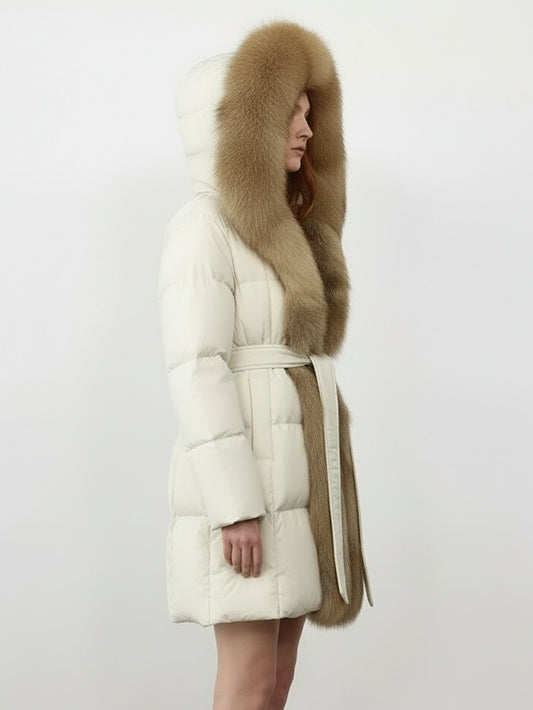 Fur-Trim Belted Down Coat in Cream with Beige Fur