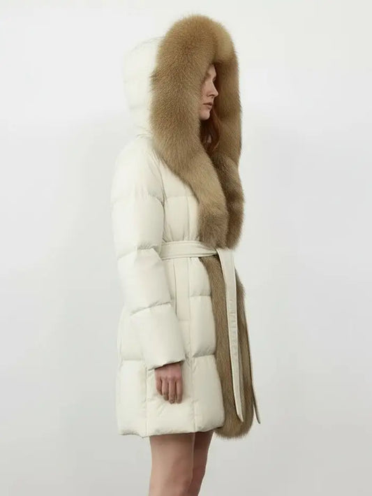 Fur-Trim Belted Down Coat in Cream with Beige Fur - Coats