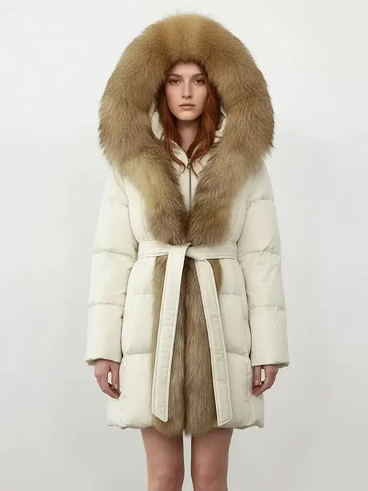Fur-Trim Belted Down Coat in Cream with Beige Fur - Small - Coats