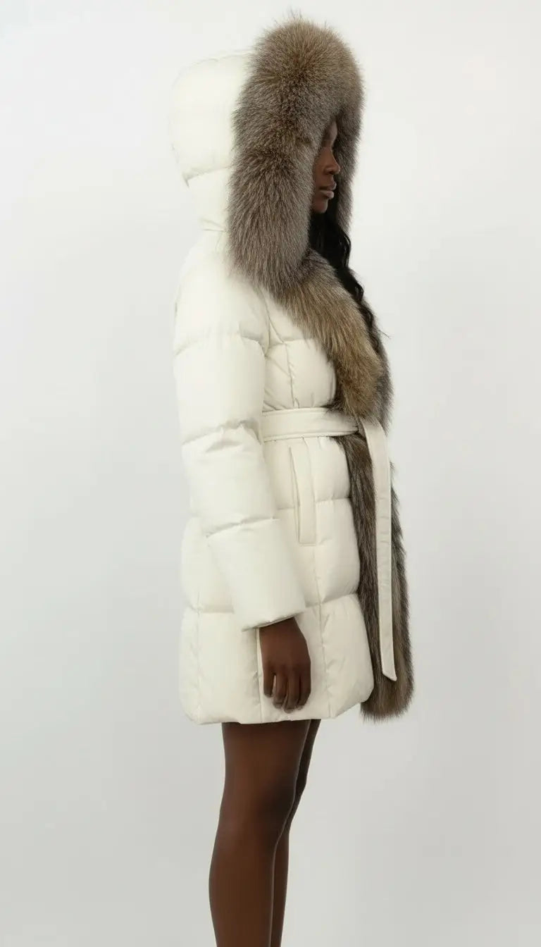 Fur-Trim Belted Down Coat in Cream with Natural Beige and Black Fur - Coats