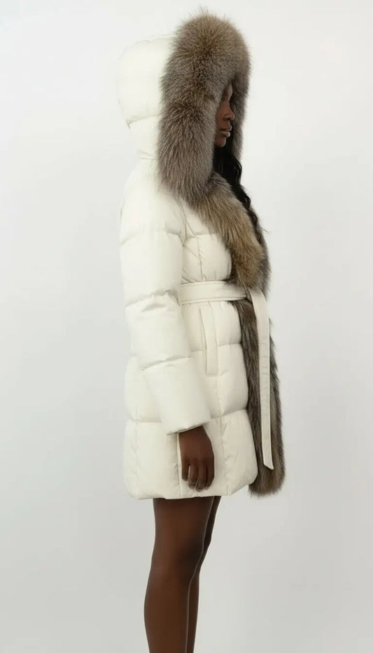 Fur-Trim Belted Down Coat in Cream with Natural Beige and Black Fur - Coats