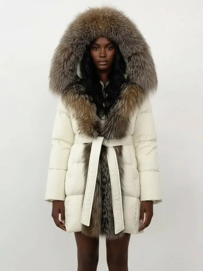 Fur-Trim Belted Down Coat in Cream with Natural Beige and Black Fur - Small - Coats