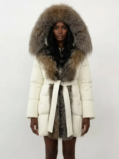 Fur-Trim Belted Down Coat in Cream with Natural Beige and Black Fur - Small - Coats