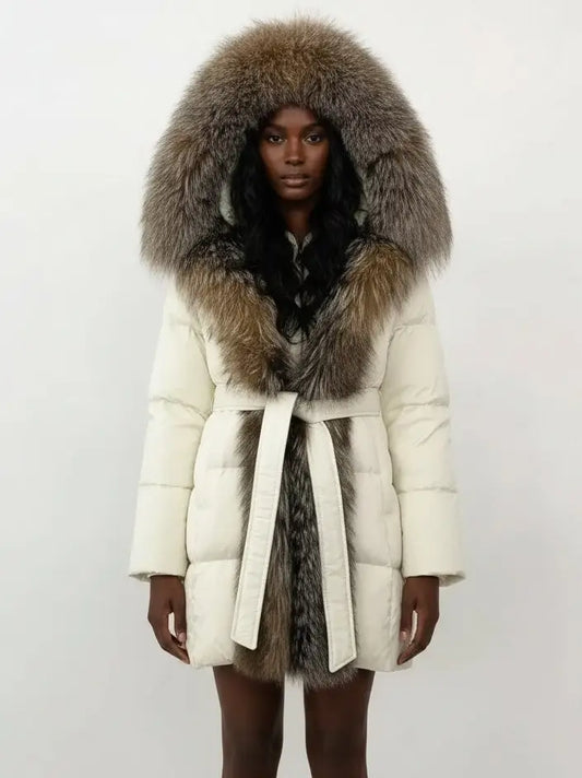 Fur-Trim Belted Down Coat in Cream with Natural Beige and Black Fur - Small - Coats