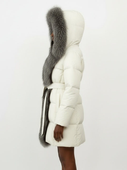 Fur-Trim Belted Down Coat in Cream with Natural and Black Fur