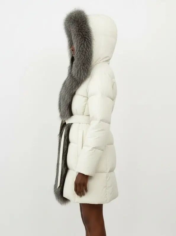 Fur-Trim Belted Down Coat in Cream with Natural and Black Fur - Coats