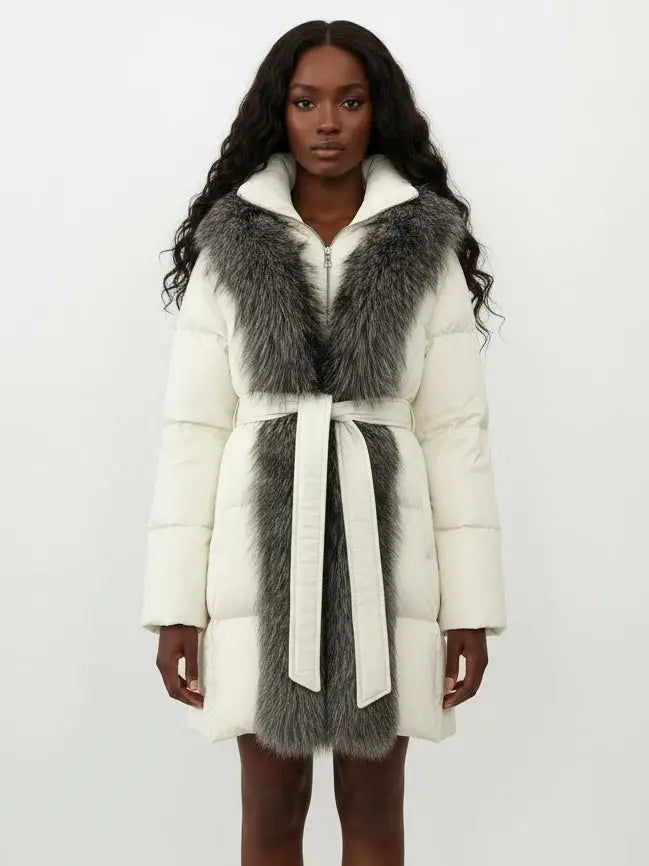 Fur-Trim Belted Down Coat in Cream with Natural and Black Fur - Coats