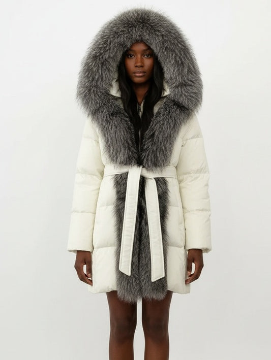 Fur-Trim Belted Down Coat in Cream with Natural and Black Fur