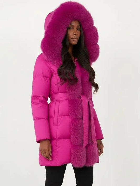Fur-Trim Belted Down Coat in Fuchsia Pink - Coats