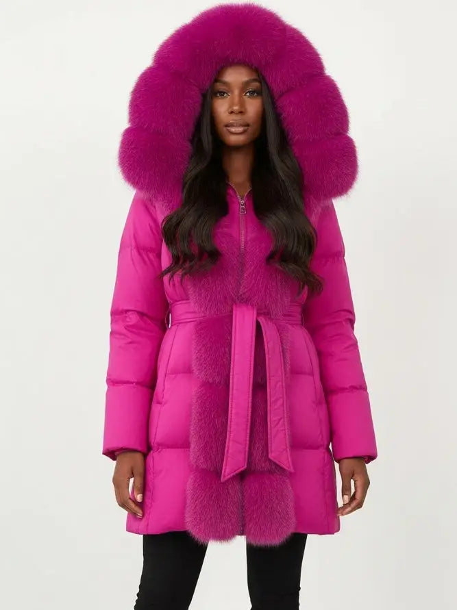 Fur-Trim Belted Down Coat in Fuchsia Pink - Small - Coats