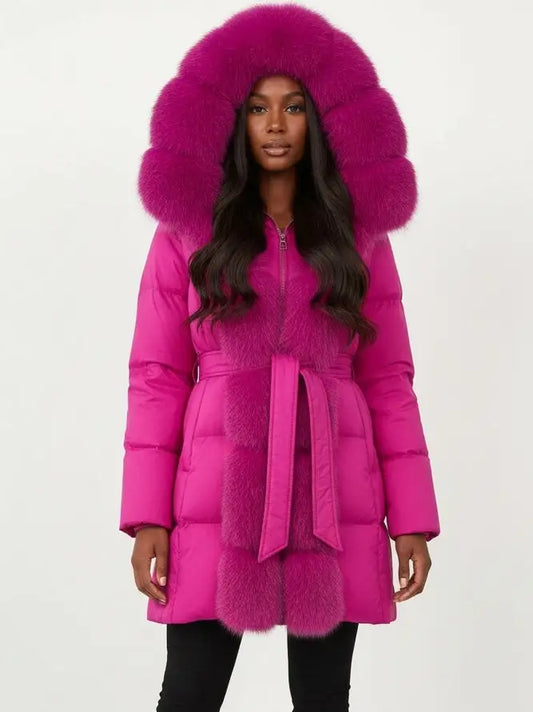 Fur-Trim Belted Down Coat in Fuchsia Pink - Small - Coats