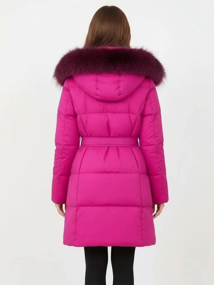 Fur-Trim Belted Down Coat in Fuchsia Pink with Pink and Black Fur - Coats