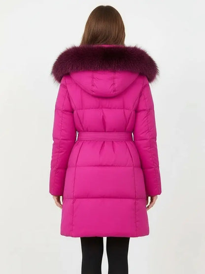 Fur-Trim Belted Down Coat in Fuchsia Pink with Pink and Black Fur - Coats