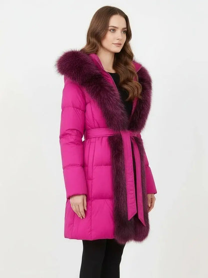 Fur-Trim Belted Down Coat in Fuchsia Pink with Pink and Black Fur - Coats