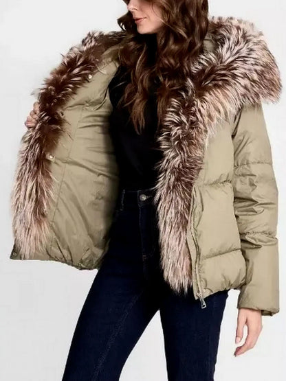 Fur-Trim Puffer Down Jacket in Olive Green - Jackets