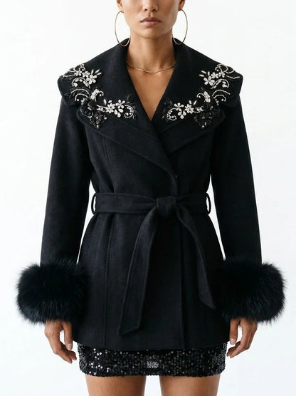 Fur Cuff Short Wool Coat with Embellished Collar - Small / Black - Coats
