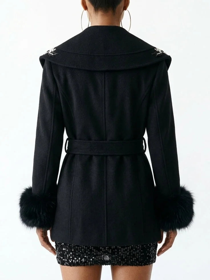 Fur Cuff Short Wool Coat with Embellished Collar - Coats