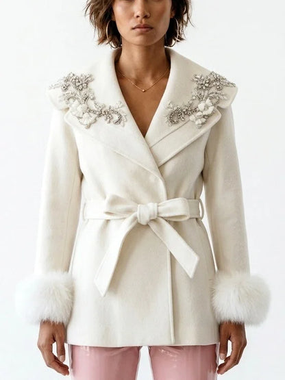 Fur Cuff Short Wool Coat with Embellished Collar - Small / Off-White - Coats