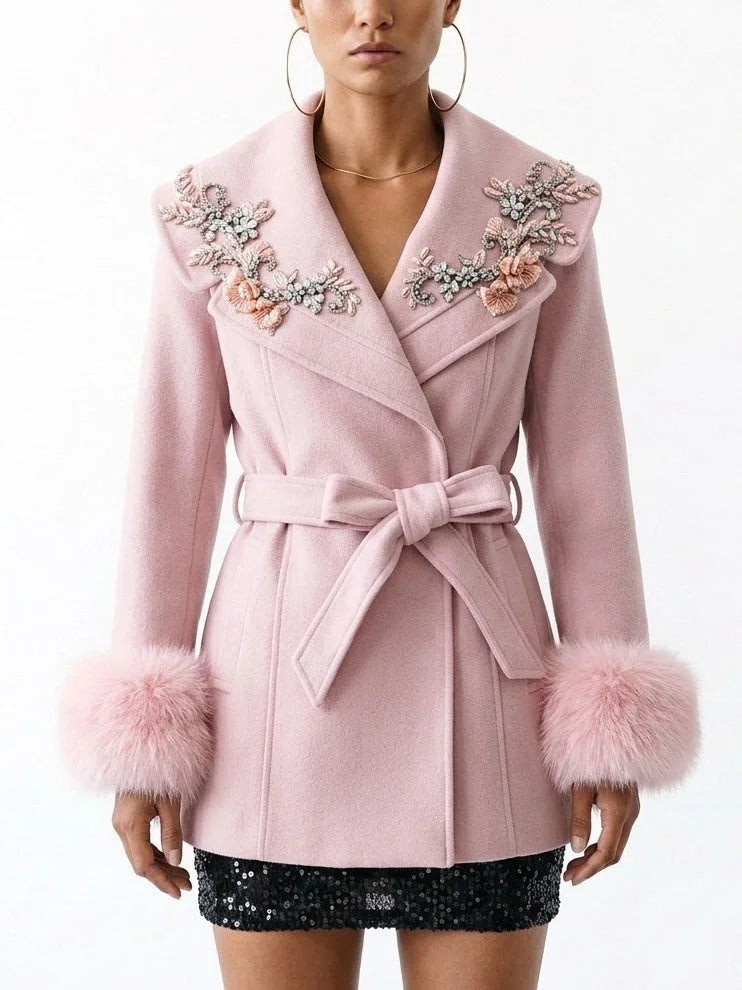 Fur Cuff Short Wool Coat with Embellished Collar - Small / Pink - Coats