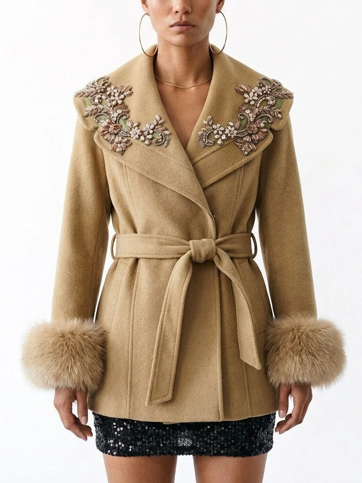 Fur Cuff Short Wool Coat with Embellished Collar - Small / Khaki Beige - Coats