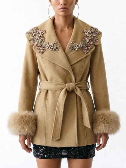 Fur Cuff Short Wool Coat with Embellished Collar - Small / Khaki Beige - Coats