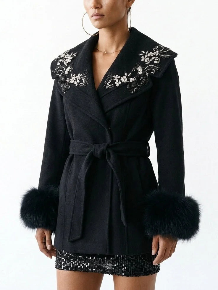 Fur Cuff Short Wool Coat with Embellished Collar - Coats