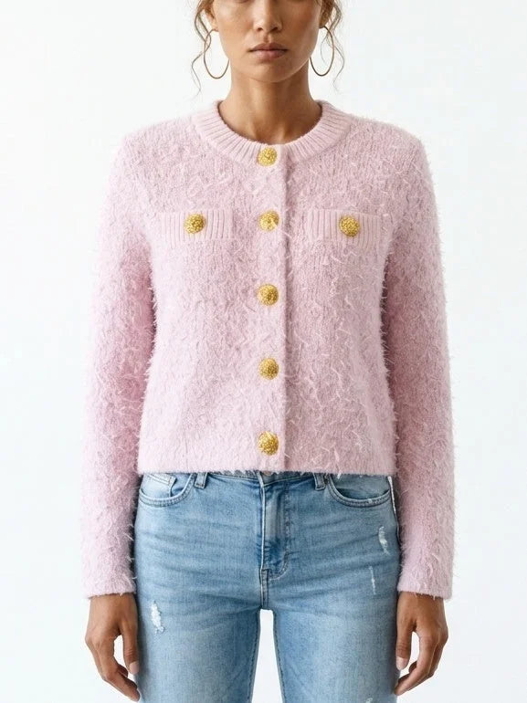 Fuzzy Knit Cropped Cardigan with Gold Buttons - S / Pink - Sweaters & Knitwear