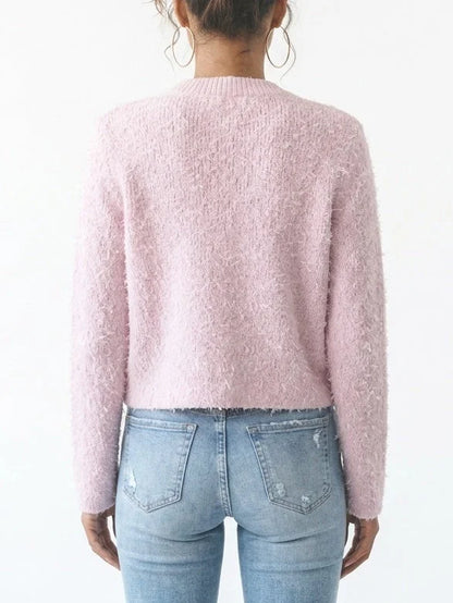 Fuzzy Knit Cropped Cardigan with Gold Buttons - Sweaters & Knitwear