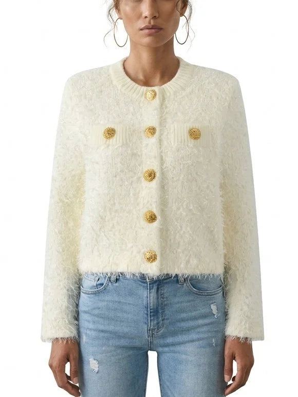 Fuzzy Knit Cropped Cardigan with Gold Buttons - S / Cream - Sweaters & Knitwear