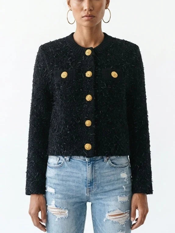 Fuzzy Knit Cropped Cardigan with Gold Buttons - S / Black - Sweaters & Knitwear