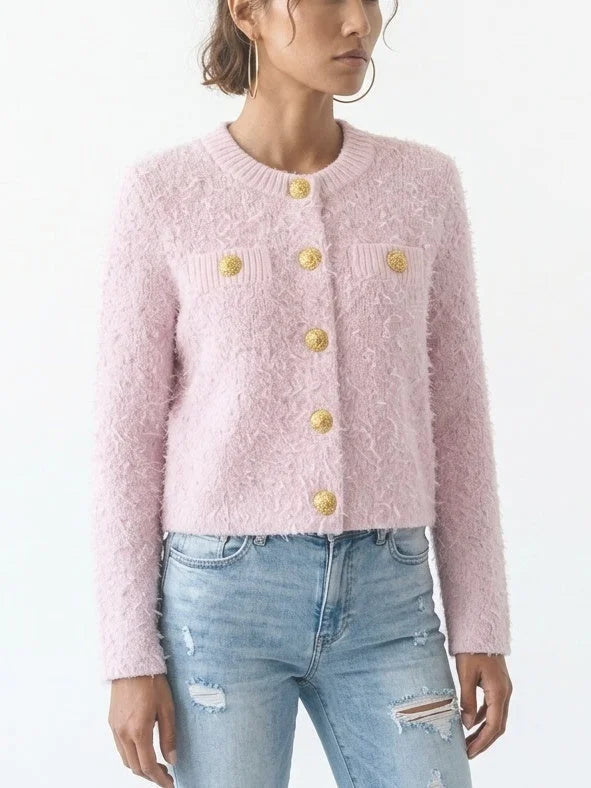 Fuzzy Knit Cropped Cardigan with Gold Buttons - Sweaters & Knitwear