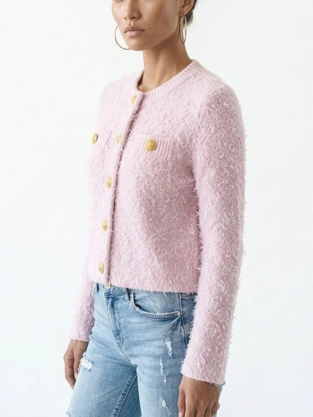 Fuzzy Knit Cropped Cardigan with Gold Buttons - Sweaters & Knitwear