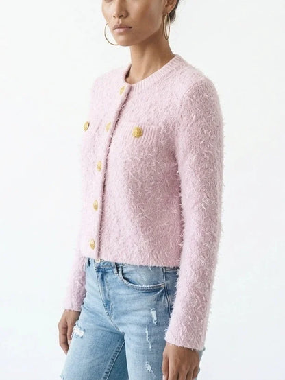 Fuzzy Knit Cropped Cardigan with Gold Buttons - Sweaters & Knitwear