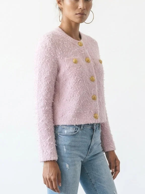 Fuzzy Knit Cropped Cardigan with Gold Buttons - Sweaters & Knitwear