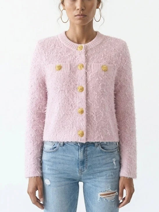 Fuzzy Knit Cropped Cardigan with Gold Buttons - Sweaters & Knitwear